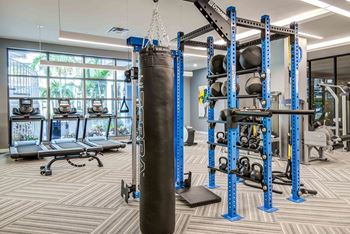 A gym with a punching bag, weight rack and bench.